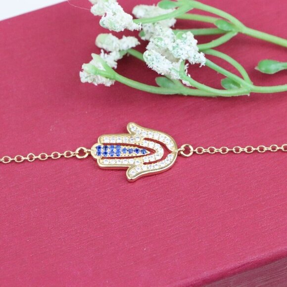 "Elegant Hamsa Hand Charm Rose Gold Bracelet with Blue Accents, XPBL0852 - Picture 12 of 12